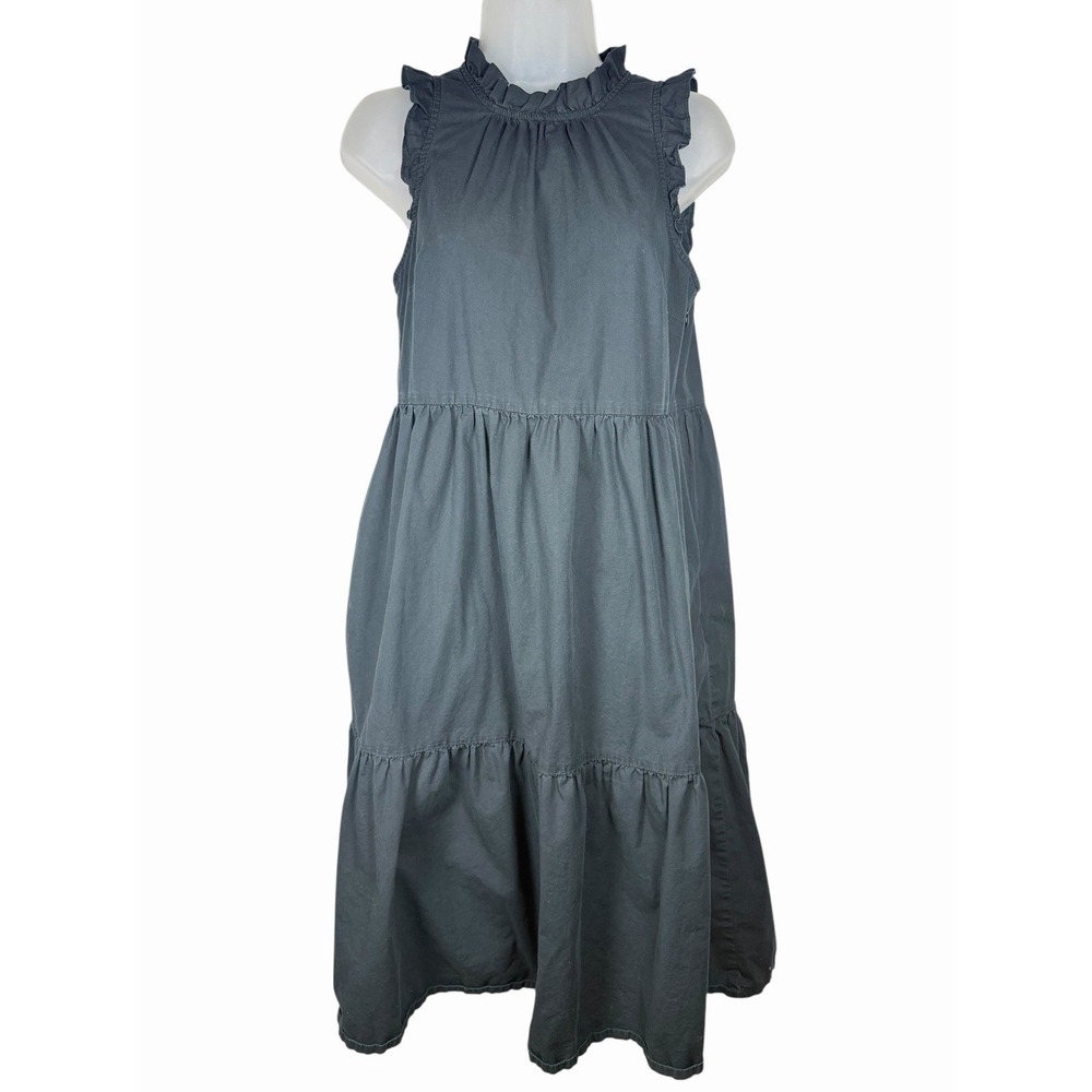 J.Crew Tiered Midi Dress Womens‎ 2 Black Ruffle Mock Neck Sleeveless Poplin